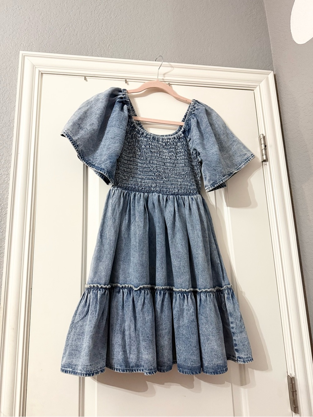 Smocked Denim Tiered Casual Dress - Blue